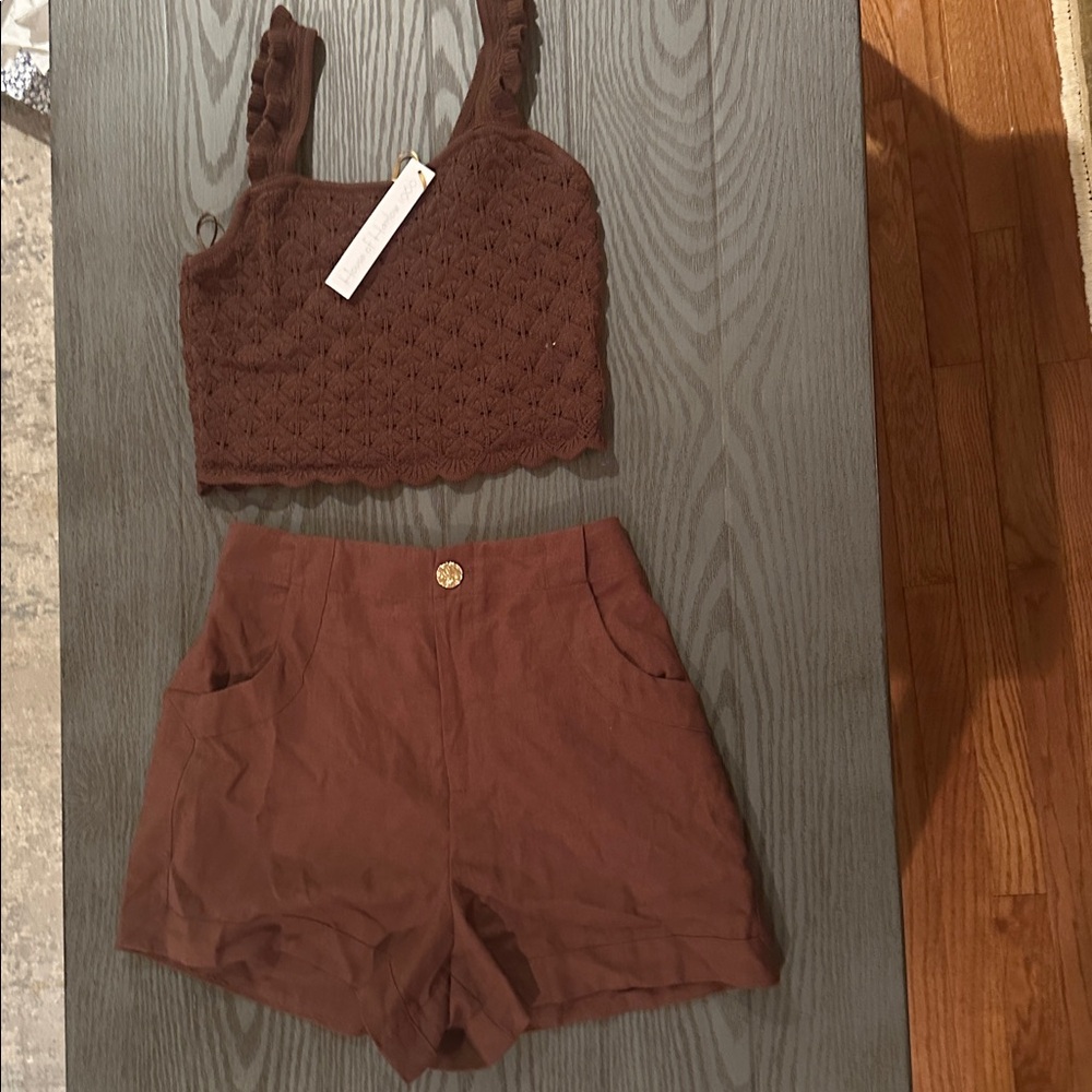 House of Harlow Brown Cropped Knit Tank and High-Waist Shorts Set